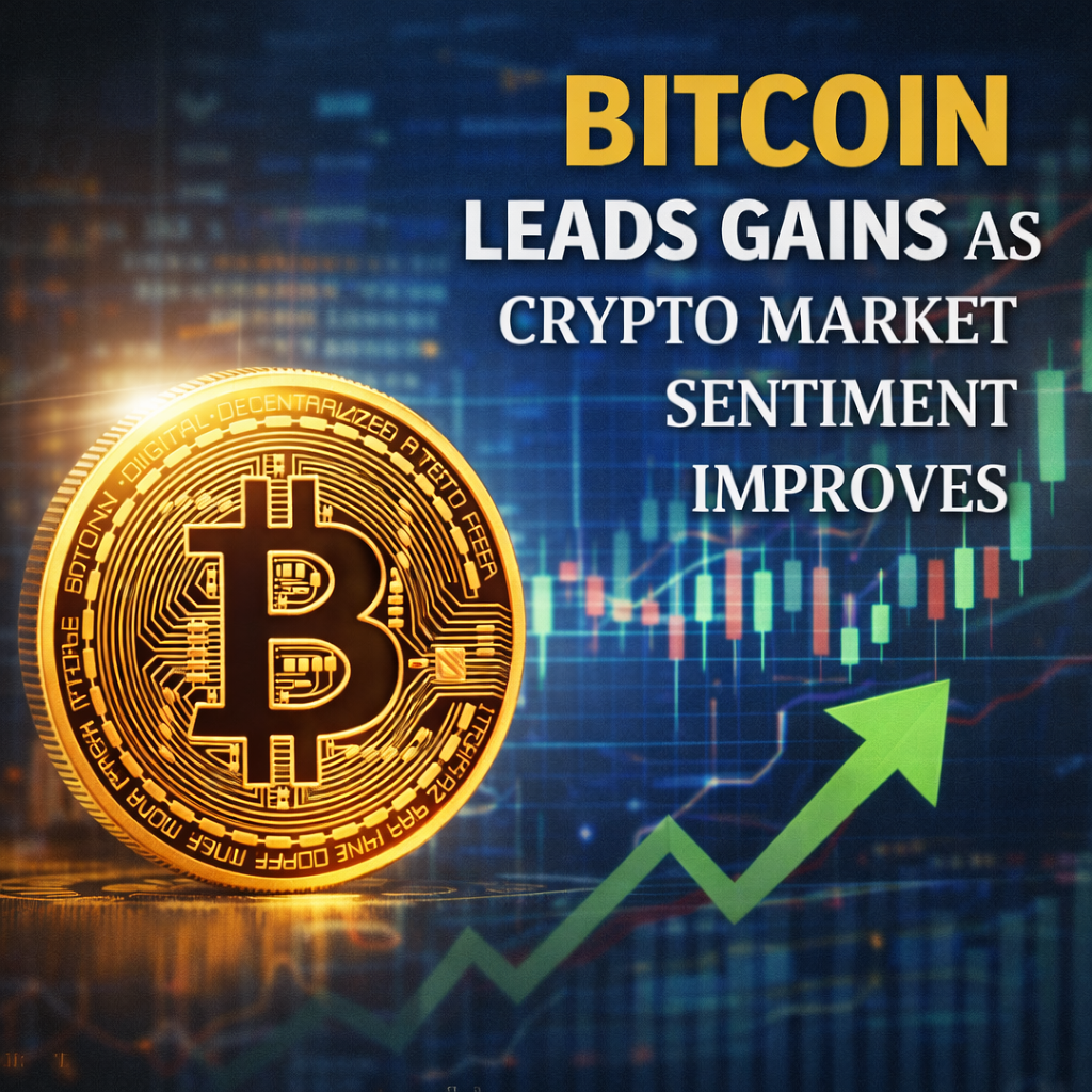 Bitcoin cryptocurrency coin with upward trend graph and text "Bitcoin Leads Gains as Crypto Market Sentiment Improves," relevant to crypto market analysis and trading insights.