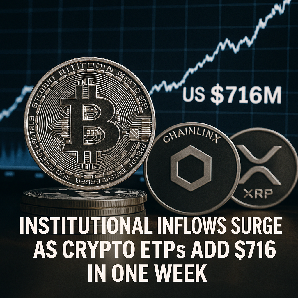 Bitcoin and altcoins on stacked coins with upward market trend graph, highlighting institutional inflows of $716 million in crypto ETPs.