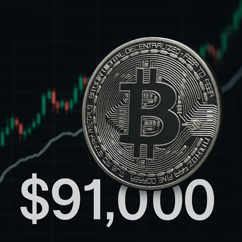 Bitcoin cryptocurrency coin with price tag $91,000 and upward market trend graph in background, relevant to trading and cryptocurrency updates.