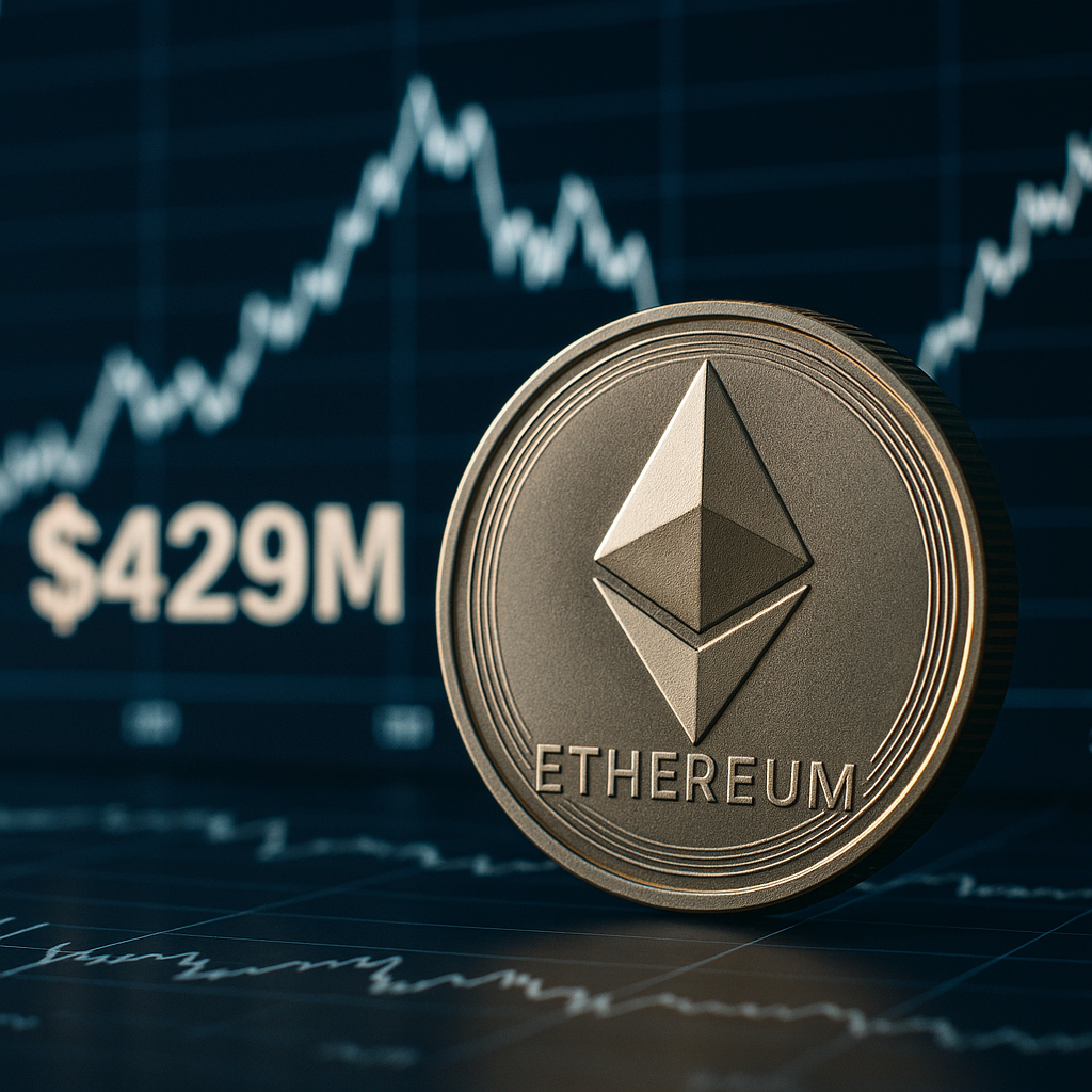Ethereum cryptocurrency coin with $429M value displayed on a financial chart background, symbolizing trading and market analysis.