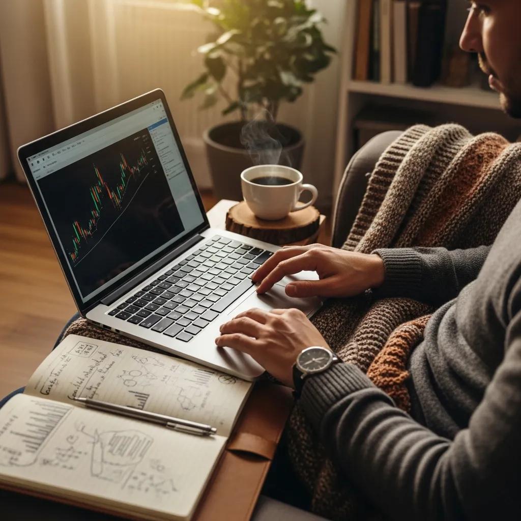 Uomo che utilizza un laptop per analizzare grafici di mercato, appunti e penna su un tavolo, tazza di caff&egrave; fumante accanto, ambiente domestico.