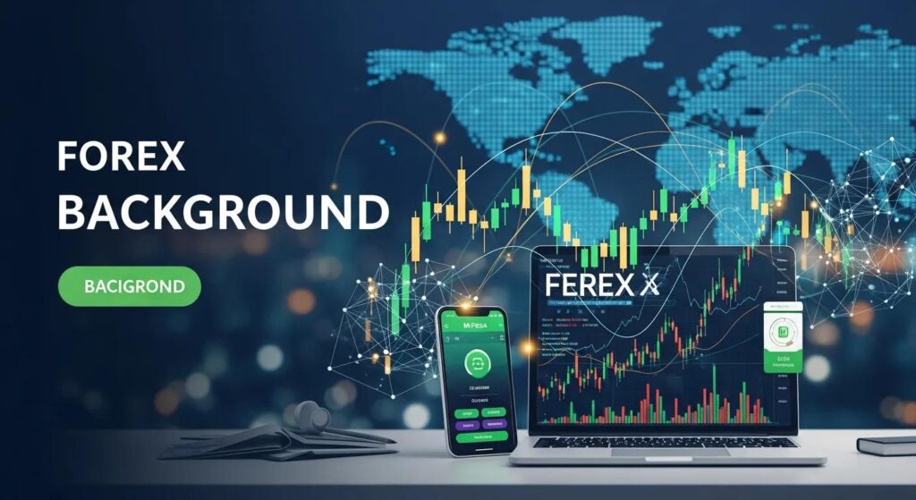 Grafico Forex con trend di mercato, smartphone con app M-Pesa e laptop con piattaforma di trading, sfondo globale per il trading Forex in Kenya.