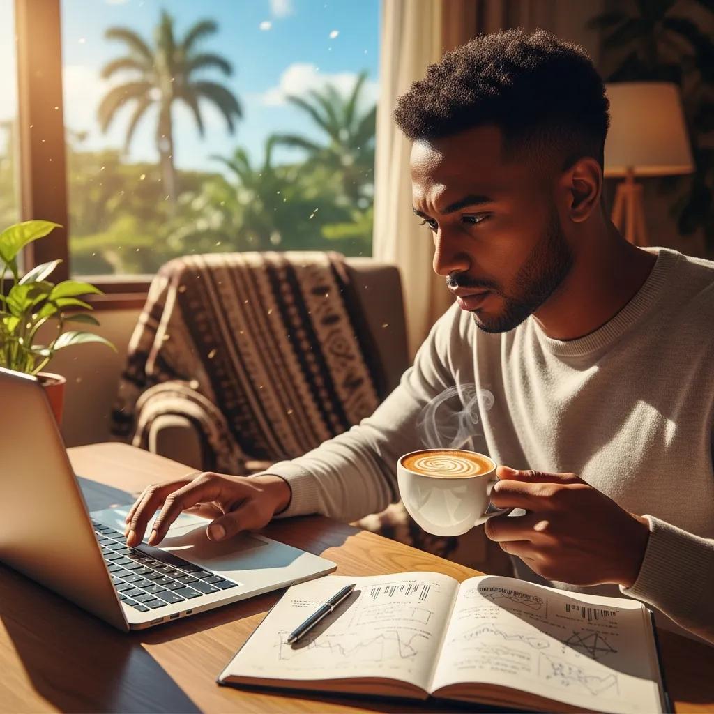 Uomo che lavora al computer portatile con una tazza di caff&egrave;, appunti e grafici sul tavolo, in un ambiente domestico luminoso, riflettendo l'analisi del trading Forex in Tanzania.